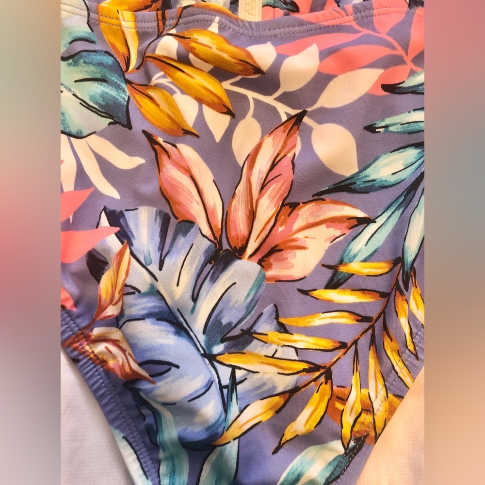 NWT Beach Betty Blue Tropical Floral One Piece Front Zip Slimming Swimsuit SMALL - Picture 2 of 7